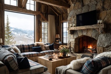 Rustic mountain lodge living room with a view