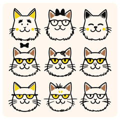Charming Cat Expressions Doodle Set with Glasses and Bowties