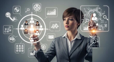 Businesswoman interacting with digital interface. Shows data, teamwork, targeting, HR, graphs. Futuristic tech concept.
