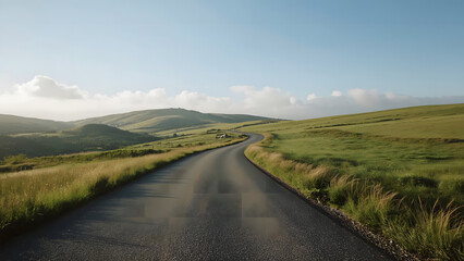 Fototapeta premium Winding road through a grassy landscape on a clear day.