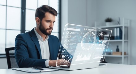 Man using laptop displaying a task management interface. He is wearing a suit jacket and appears focused. High tech and efficient concepts.