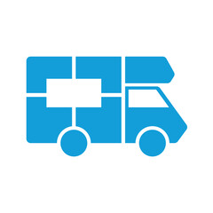 Blue Vector Icon sticker of the motorhome Vector monochrome illustration of a camper van icon isolated on white background
