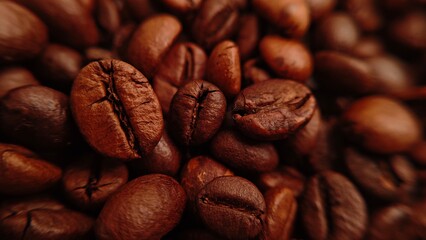 Naklejka premium Roasted Coffee Beans CloseUp Rich Aroma and Texture Detail.