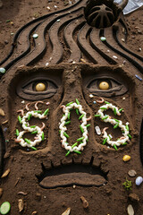 Erosion of farm soil creates screaming faces. Valleys as teardrops. Plastic remnants as strange ornaments. Dying earthworms spell out "SOS." A surreal environmental art style. - 1