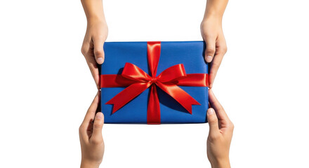 Dua Tangan Memberikan Hadiah Kotak Biru dengan Pita Merah PNG