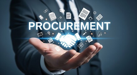 A business man holds Procurement in his palm. Icons related to documents and data surround a handshake symbol. Concept suggests managing procurement processes.