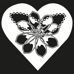 Petal bloom form. Decorative flower outline. Heart graphic shape. Vector contrast art.
