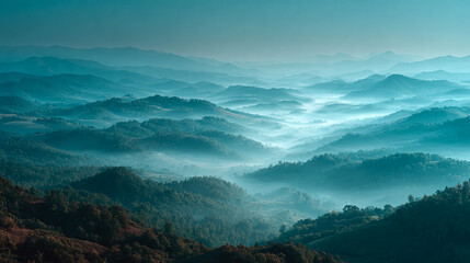 Fototapeta premium Mist covers mountain hills in hazy teal landscape. Serene, scenic vista, perfect for travel, design, or editorial use.