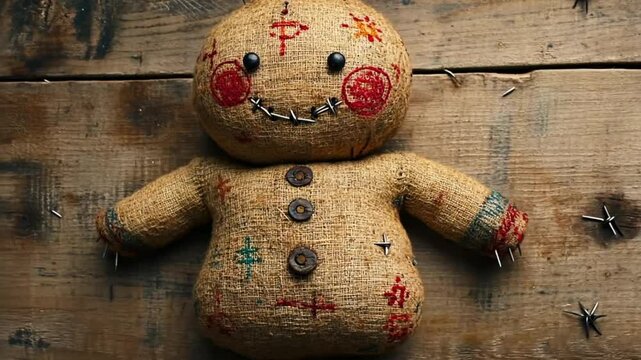 Creepy handmade rag doll on rustic wooden planks; Halloween decor;  creepy doll; possible use in horror, fantasy or Halloween-themed projects