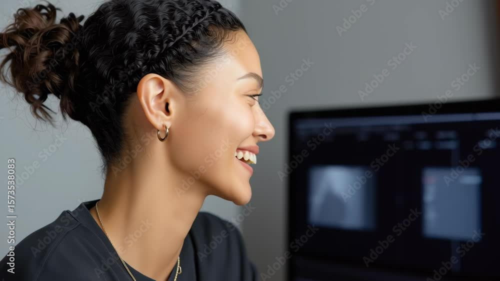 Poster smiling woman in front of a computer screen displaying images.