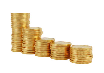 3D Illustration Golden Coins Stacked in Descending Piles Transparent Background