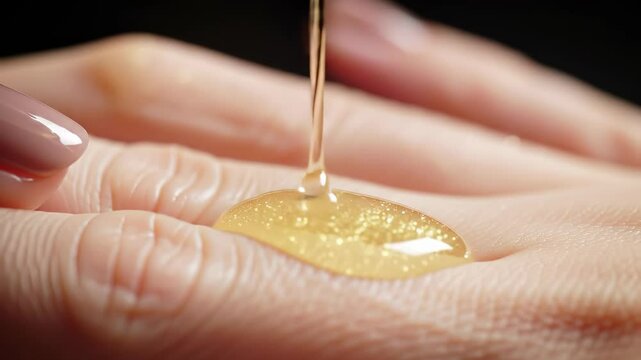 Golden Skincare Serum: Luxurious oil drops onto a woman's hand, promising radiant, hydrated skin with natural beauty ingredients.