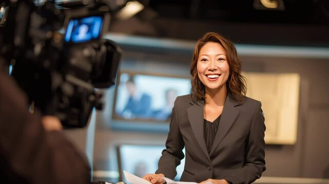 News anchor smiling in studio with camera in focus.