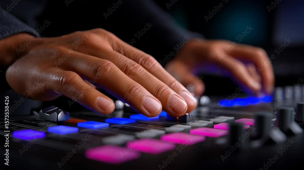 Poster close-up of hands adjusting a digital audio mixer with colorful buttons.