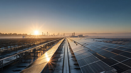 Fototapeta premium 朝日に照らされるソーラーパネルが並ぶ工場屋上風景