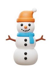 3d Illustration of a Happy Snowman with Orange Hat and Blue Scarf
