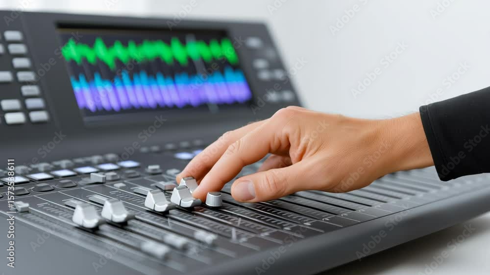 Poster mixing console with hand adjusting audio levels and visual waveforms displayed.