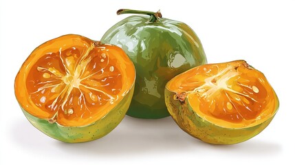 Two halves and a whole of a citrus fruit, vibrant orange segments inside a light green exterior