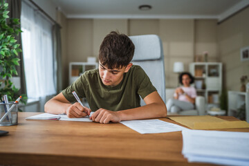 portrait of teenage boy sit and study, prepare for exams at home