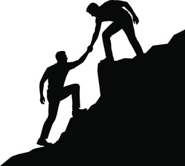 Helping Hand on Mountain Silhouette – Teamwork and Support Vector Clipart