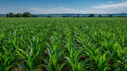 Fototapeta premium 夏空の晴天の畑でトウモロコシが密集する