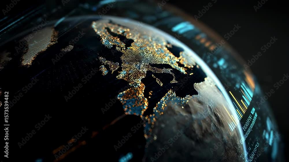 Poster a futuristic interface showcasing a digital globe with dynamic financial metrics and data visualizat