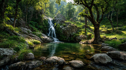 Obraz premium Waterfall flows into serene pond in lush forest. Nature scene ideal for travel, wellness, relaxation, or background use.