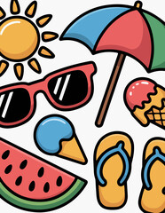 Flat Vector Icon Set of Summer Elements – Sun, Ice Cream, Flip-Flops, and More

