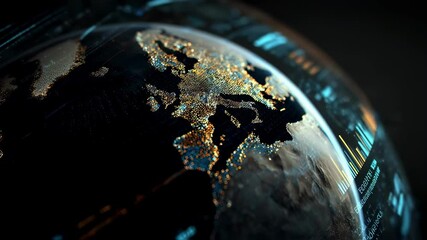 A futuristic interface showcasing a digital globe with dynamic financial metrics and data visualizations illustrating the exploration of global market trends in a hightech context. - Powered by Adobe