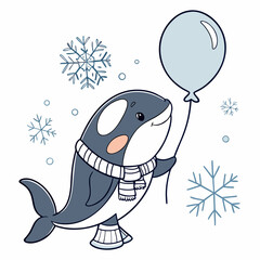 Naklejka premium Shy Orca with with a balloon, set in a charming Cozy winter theme – Frosty Winter color vector art