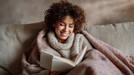 A joyful young woman lounges on her couch with a book and a cozy blanket embodying relaxation and selfcare ideal for promoting leisure home comforts and wellbeing initiatives.