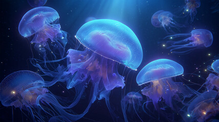 写真家が夜間の海中で発光クラゲを撮影する場面