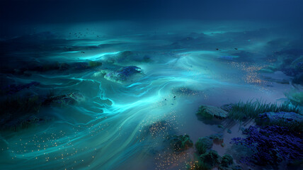 海藻プランクトンが夜の浅瀬で輝きを放つ光景
