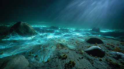 海藻プランクトンが夜の浅瀬で輝きを放つ光景
