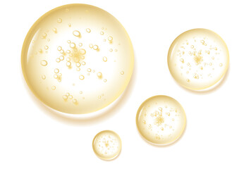 Water serum texture. Liquid gel drops. Clear  cosmetic oil with bubbles circle set isolated