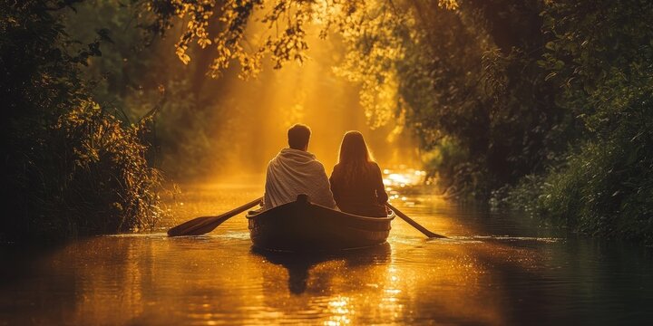 Serene Rowboat Romance: A couple finds peace and romance in a rowboat on a calm lake, bathed in the warm glow of sunlight filtering through the surrounding trees.