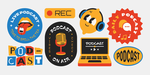Podcast element stickers, patchs, badges. Headphones, microphones, chat, recording on white background.
