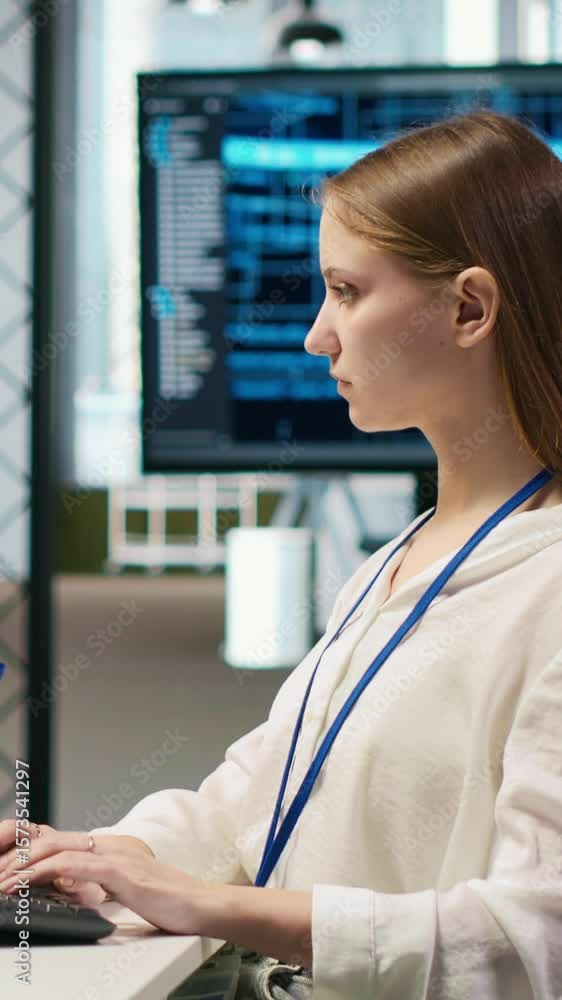 Poster vertical video female technician coding with ai language model assistance in startup office, using p