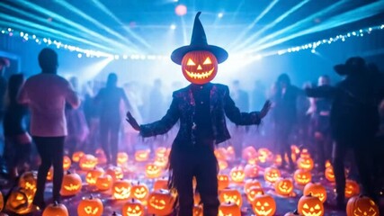 Spooky Halloween party with pumpkin head and energetic crowd under laser light