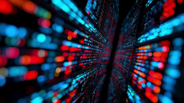 An intricate network of servers in a hightech data center emits vibrant light patterns of binary code showcasing advanced AIpowered analytics and the transformative power of technology
