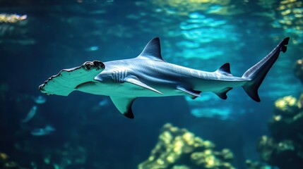 Hammerhead shark swimming in an aquarium.