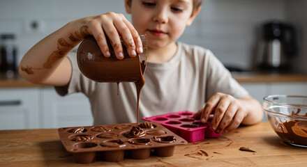 Young Boy Happily Pouring Melted Chocolate into Molds for International Chocolate Day Celebration Fun