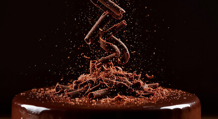 Celebrating International Chocolate Day with a Cascade of Rich Dark Chocolate Shavings and Powder Over a Glossy Ganache Cake