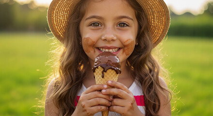 Joyful child enjoying a delicious chocolate ice cream cone on a sunny summer day outdoors