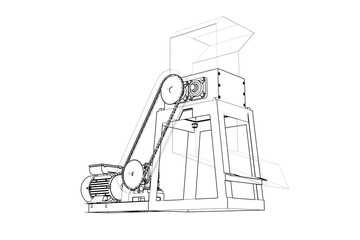 Heavy-Duty Industrial Plastic Granulator for Waste Treatment: Precision Wireframe Line Art Depiction of a Recycling Plant Machine, Showcasing Mechanical Engineering and Sustainable Resource Management