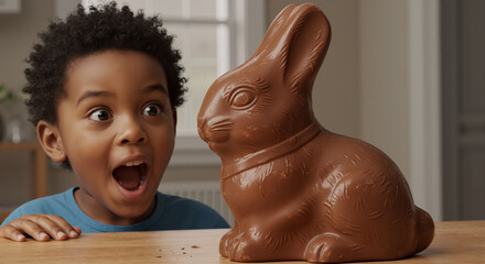 A Young Child's Astonishment at a Giant Chocolate Easter Bunny Brings Delight and Joyful Celebration on a Special Occasion