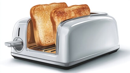 Shiny metallic kitchen appliance with two slices of golden-brown bread popping out. A breakfast staple