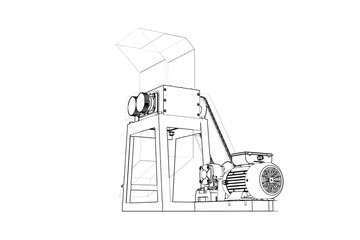 Heavy-Duty Industrial Plastic Granulator for Waste Treatment: Precision Wireframe Line Art Depiction of a Recycling Plant Machine, Showcasing Mechanical Engineering and Sustainable Resource Management