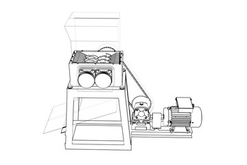 Industrial Plastic Shredder Crusher Machine: Waste Recycling Equipment Technical Wireframe Drawing, Simple Line Art Outline Illustration, Monochrome Environmental Technology Blueprint.