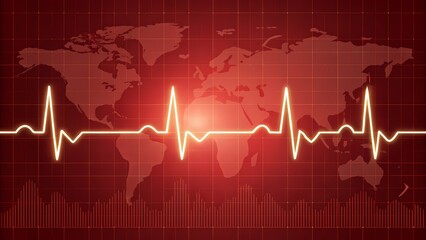 Electrocardiogram pulse overlaying a world map on red grid background symbolizing global health monitoring, medical data flow